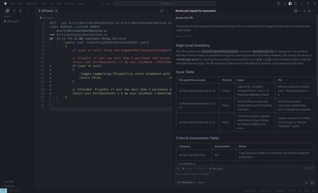 A screenshot of the PR review bot output, with structure tables outlining issues.